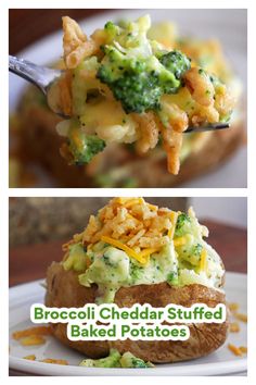 broccoli cheddar stuffed baked potatoes on a white plate with text overlay