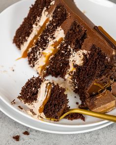 a piece of chocolate cake on a white plate