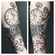 two tattoos with clocks and roses on their arms, both showing the same time as each other