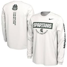 Gear up for the 100th season of Michigan State football at Spartan Stadium with this 2023 Fan Long Sleeve T-Shirt from Nike. This comfortable cotton shirt will keep you feeling great all day long. With exciting Michigan State Spartans graphics, you'll be ready to cheer on the team at home and on the road. Officially licensed Crew neck Long sleeve Machine wash, tumble dry low Imported Screen print graphics Brand: Nike Material: 100% Cotton Moisture-wicking Crew Neck Top For Fans, Moisture-wicking Crew Neck Fan Apparel Top, White Moisture-wicking Tops For Fan Merchandise, Nike Long Sleeve Moisture-wicking T-shirt, Nike Long Sleeve Tops For Sports Events, Nike Long Sleeve Fan Gear Top, White Long Sleeve Tops For Fan Gear, Nike Moisture-wicking Fan Apparel Top, Nike Long Sleeve Tops Team Spirit