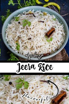 two pictures with different types of rice in them and the words jeera rice below