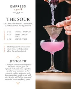 an advertisement for a cocktail bar with pink liquid being poured into a martini goblet