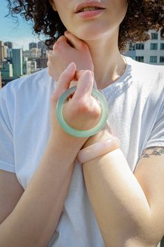 Pond — Cyan skinny round jade stone bangle | seree Green Pond, Melissa Joy Manning, On The Bright Side, Stone Bangle, Thread Earrings, Jade Bangle, Jade Jewelry, Jade Stone, Bright Side