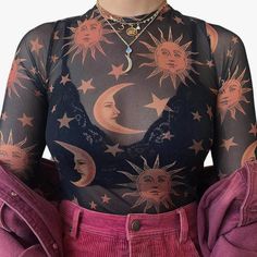 Brand New Mesh See-Through Black Long Sleeve With Orange Sun/Moon Design. Women’s Size Large. No Imperfections And Never Been Worn. Fits Slightly Cropped Sheer Mesh Top, Mesh Tops, Mesh Blouse, Mesh T Shirt, Moon Print, Bottoming Shirt, Black Mamba