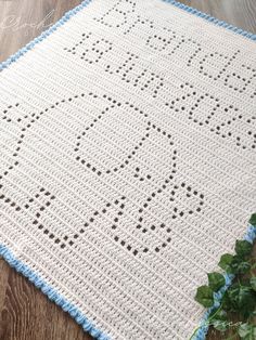 a crocheted tablecloth with blue trim on a wooden floor next to a plant