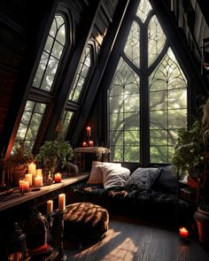 a living room filled with lots of books and furniture next to a large window covered in windows