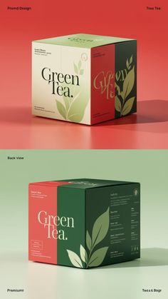 the packaging design for green tea is shown in three different colors and sizes, including red,