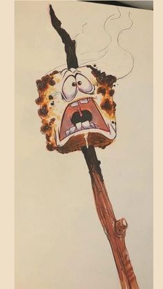 a drawing of a cartoon character holding a stick with fire coming out of its mouth