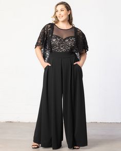 Make an unforgettable entrance at your next special occasion in our Alluring Sequins Formal Jumpsuit. This elegant plus size jumpsuit features a black sequined sparkly lace bodice with draped sleeves and an illusion sweetheart neckline. Wide leg pleated pants flow gracefully to the floor, mimicking the lines of an A-line gown. A center back zipper allows you to step in and out of this cocktail pant suit without mussing hair or makeup. This one-piece dressy jumpsuit is ideal for evening events, w