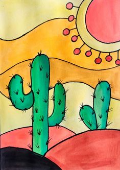 a drawing of a cactus in the desert