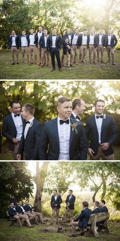 a group of men standing next to each other wearing suits and bow ties in front of trees