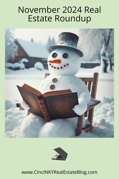 a snowman sitting in a chair reading a book with the words november real estate roundup