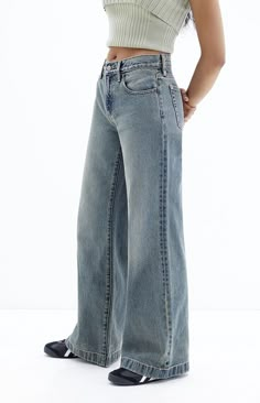 PacSun Lena Medium Indigo Tint Low Rise Super Baggy Jeans | PacSun Pacsun Low Rise Baggy Jeans, Low Rise Denim Jeans, Clean Girl Pants, Cute Jean Outfits For Summer, Widelegjeans Outfit Summer, Styling Low Rise Jeans, Women’s Jeans, Pacsun Clothes, Modest Jeans