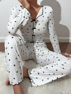 Heart Print Lettuce Trim PJ Set White Casual-Young  Long Sleeve  Heart Pant Sets Medium Stretch All Women Sleep & Lounge, size features are:Bust: ,Length: ,Sleeve Length: Everyday Casual Outfits, Cottagecore Style, Pajama Set Women, Pyjama Set, Pj Sets, New Wardrobe