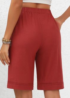 Red Pants With Built-in Shorts For Summer, Knee-length Bottoms With Elastic Waistband For Loungewear, Knee-length Drawstring Shorts, Red Solid Long Pants, Red Solid Color Long Pants, Non-stretch Red Bottoms, Solid Color Drawstring Short Pants, Red Drawstring Bottoms For Summer, Red Drawstring Summer Bottoms