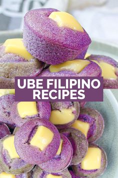 purple and yellow desserts stacked on top of each other with the words, ube filipino recipes