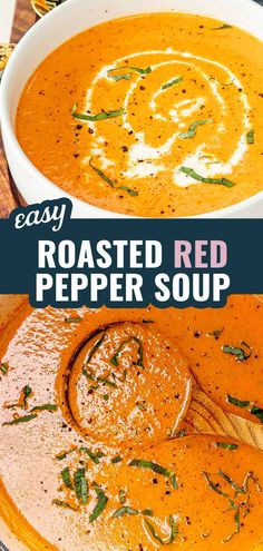 a bowl of roasted red pepper soup with a wooden spoon in it and the title overlay reads easy roasted red pepper soup