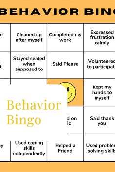 a game board with the words behavior bingo written in yellow and black, on top of it