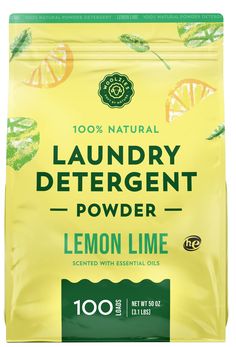 a bag of lemon lime laundry deterant on a white background with the title 100 % natural laundry deterant powder