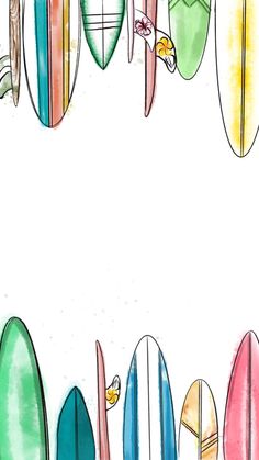 watercolor surfboards are lined up against a white background with space for the text