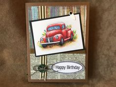 a card with an old red truck on it and a tag hanging from the front