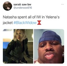 two people with different facial expressions and one is wearing a black widow costume, the other has