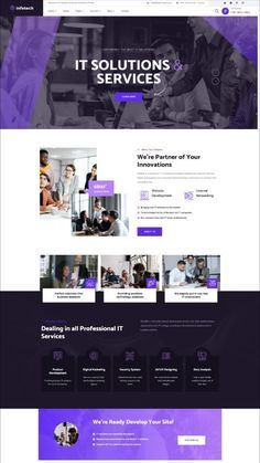 the landing page for an it solution services website, with purple and black colors on it