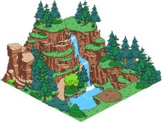 an image of a cartoon landscape with mountains and trees in the foreground, along with a river running through it