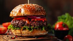 a hamburger with lettuce, tomato and onion on it sitting on a cutting board