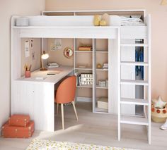 a white loft bed with desk and ladder in the corner next to bookshelf