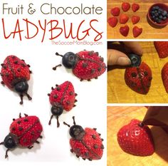 ladybugs made out of strawberries and chocolate on a cutting board with the words fruit & chocolate ladybugs