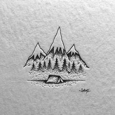 a drawing of mountains with trees and a tent in the foreground, on white paper