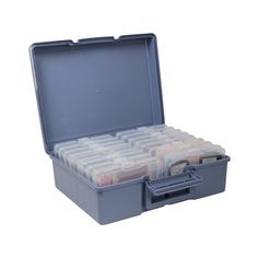 an open plastic storage box filled with lots of different colored items on a white background