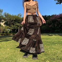 Lasaky - Vintage-inspired Loose Fit Plaid Patchwork Velvet Midi Skirt Long Brown Skirt, Long Plaid Skirt, Estilo Harajuku, Skirt Streetwear, Velvet Midi Skirt, Velvet Midi Dress, Pleated Long Skirt, Skirt Y2k, Estilo Preppy