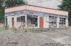 an old run down gas station painted in pastel and watercolor on paper,