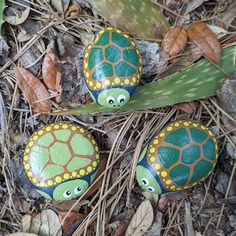 three painted turtles sitting on the ground next to green plants and brown leafy grass