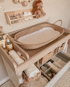 a baby crib with lots of diapers in it