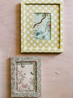 two square frames with birds and flowers on them