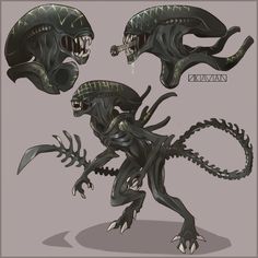 an alien character is shown in three different poses, including the head and body of a creature