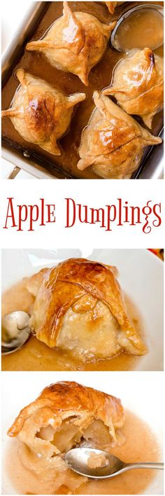 an apple dumpling is shown in three different pictures with the words apples dumpling on it