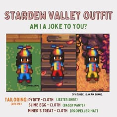 an advertisement for the game stardew valley outfitt, which features four different outfits