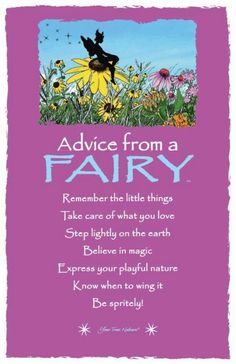 a purple card with the words advice from a fairy on it and an image of a cat