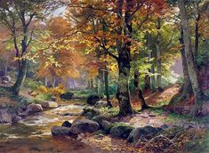 a painting of a stream running through a forest with rocks and trees in the foreground