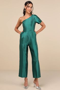 Chic Emerald Jumpsuit - Satin Jumpsuit - One-Shoulder Jumpsuit - Lulus Country Wedding Guest Dress, Emerald Jumpsuit, Bridal Shower Guest Outfit, Elegant Jumpsuit, Jumpsuit With Pockets, Satin Jumpsuit, Wedding Guest Attire, One Shoulder Jumpsuit, Culotte Pants