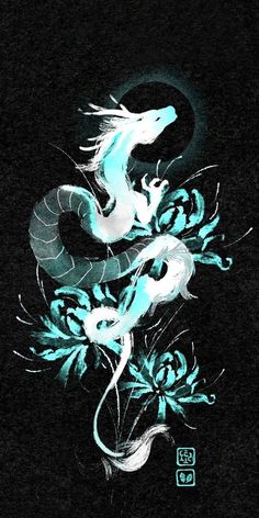 a blue and white dragon sitting on top of a black wall next to a flower