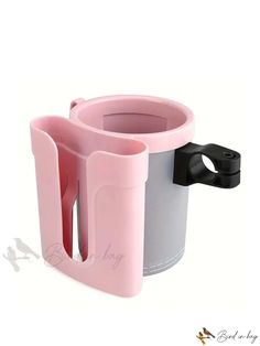 two mugs with handles are stacked on top of each other, one is pink and the other is gray