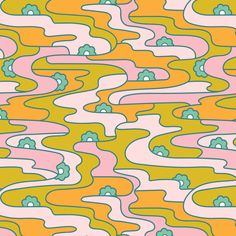 an abstract pattern in pink, yellow and green with small trees on the left side