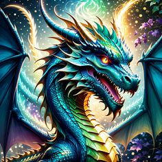 a painting of a blue dragon with yellow eyes