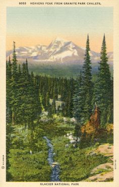 an old postcard shows the view of a mountain range and stream in the foreground