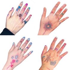 four different pictures of hands with tattoos and designs on their fingers, including the thumbnails